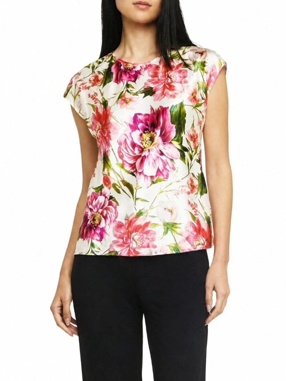 Express Womens Floral Satin Blouse Top Small Pink & White Cap Sleeve